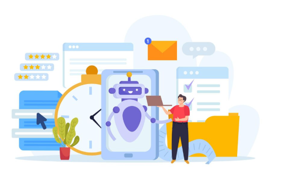 Robot assistant displayed on phone screen, man interacting with digital tasks.