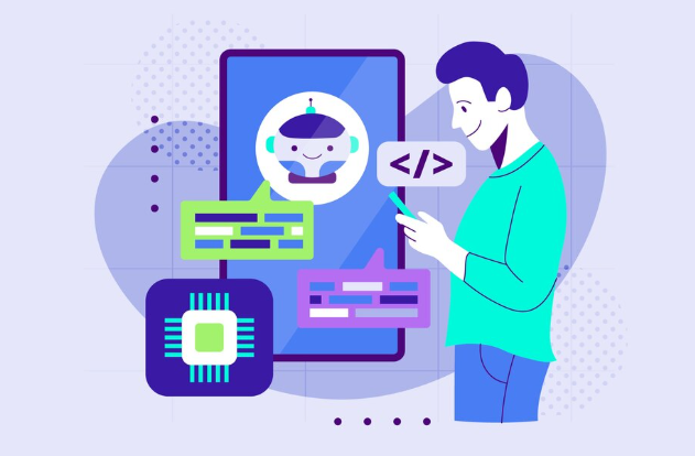 Man using chatbot on smartphone, surrounded by coding and AI elements.