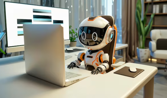Cute robot sitting at desk, working on computer in office.