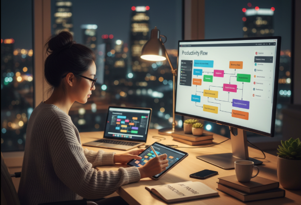 Woman managing productivity flow on desktop and tablet, city lights outside.