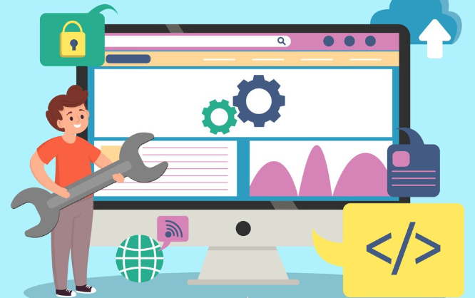 Cartoon man with wrench beside computer showing coding and web tools.
