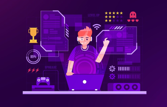 Illustration of boy using laptop with gaming interface and virtual rewards.