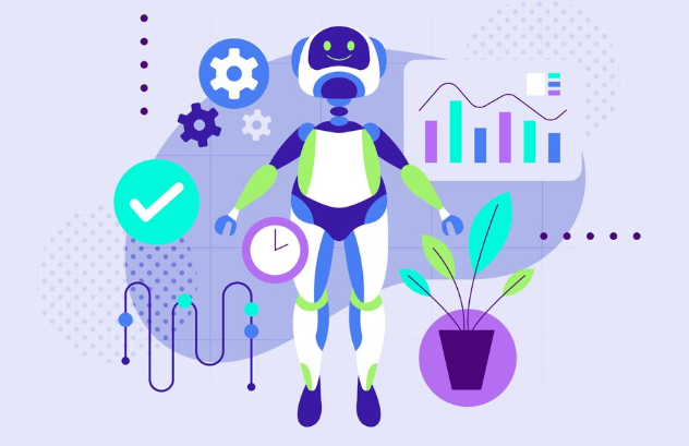 A humanoid robot illustration surrounded by charts, graphs, and digital icons.