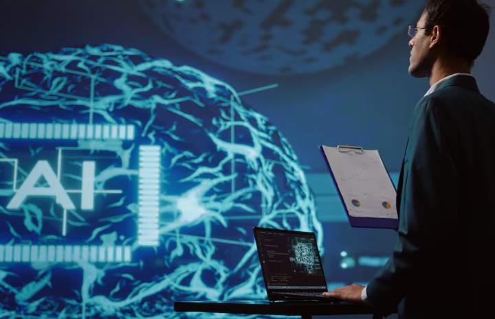 Businessman analyzing AI digital brain hologram on a futuristic screen.