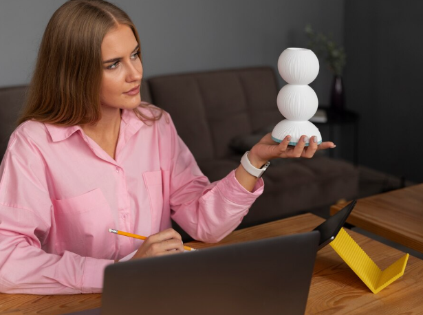 Young woman holding a 3D printed model while working on laptop.