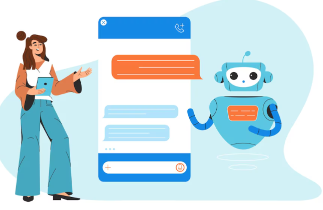 Woman chatting with a friendly blue AI chatbot on screen.