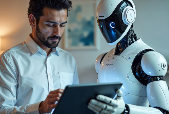 Man and humanoid robot reviewing information together on a tablet.