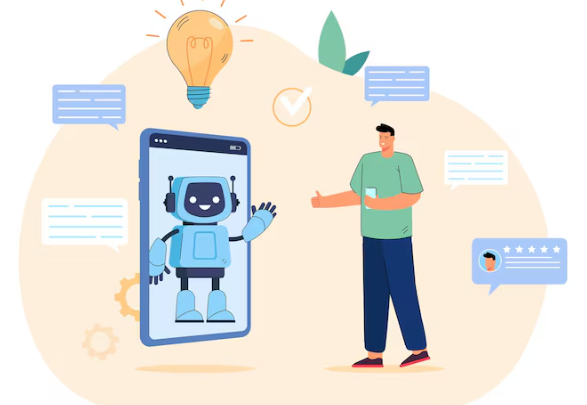 Person using smartphone with AI chatbot assistant on large display.