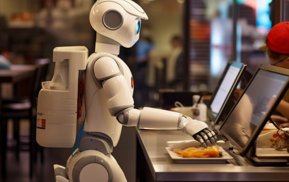 Service robot placing food tray on counter inside a restaurant.