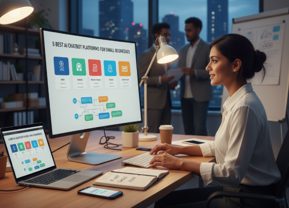 Businesswoman presenting AI chatbot platforms for small businesses in office.