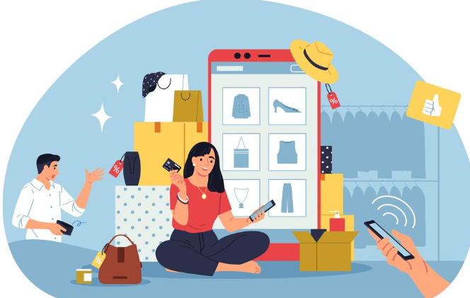 People shopping online using a mobile app with shopping bags and products.