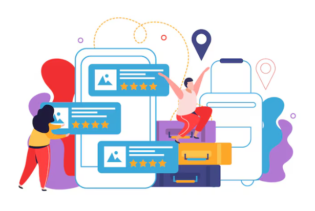 Illustration with ratings, reviews, and travel bags (represents e-commerce or travel booking).
