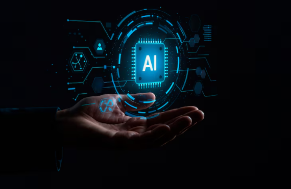 Hand holding glowing AI chip