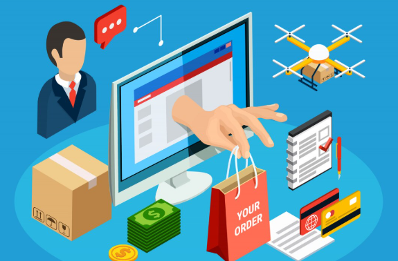 Illustration with delivery drone, shopping bag, and order processing (represents online ordering and logistics).