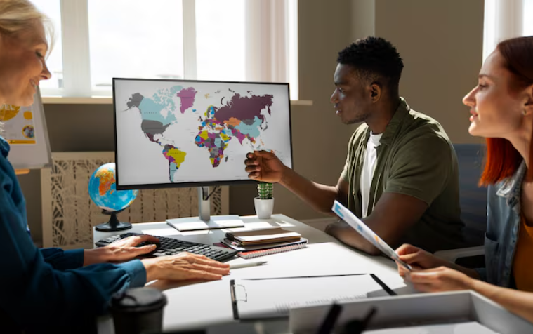 Business team analyzing global map for strategy planning.
