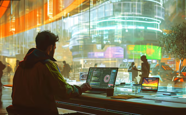 Programmer working in futuristic city environment with neon screens.