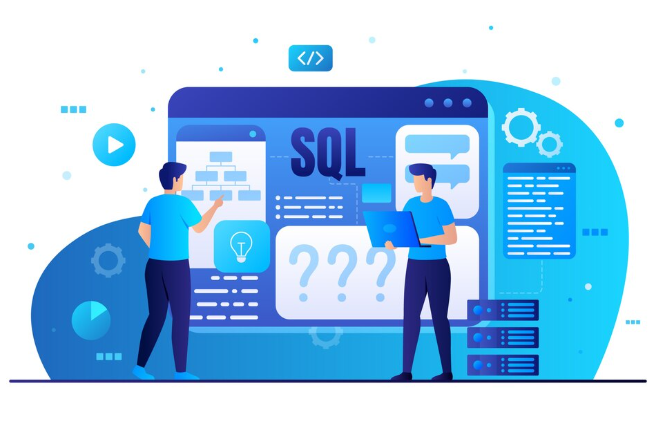Two people working with SQL database diagrams on a big screen.