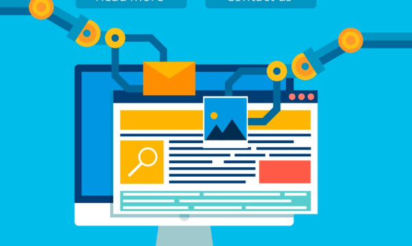 Shows automation with robotic arms building a webpage.