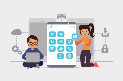 Two people with giant smartphone showing various mobile app icons.