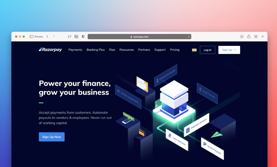 Razorpay website homepage showing business finance and payment automation features.