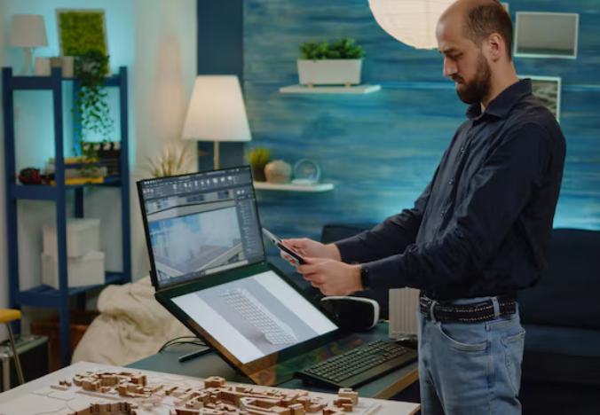 Architect using digital tools to design building model on computer screen.