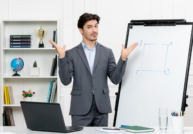 Businessman presenting on whiteboard looking confused while explaining geometric drawing.