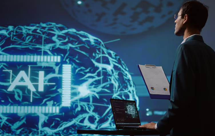 Researcher analyzing artificial intelligence brain hologram with laptop and clipboard.