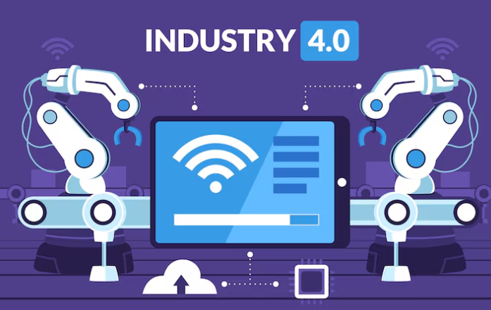 Industry 4.0 illustration with robotic arms and smart technology integration.
