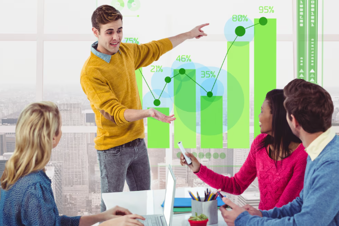 Team presentation showing increasing business growth graph with positive percentages.