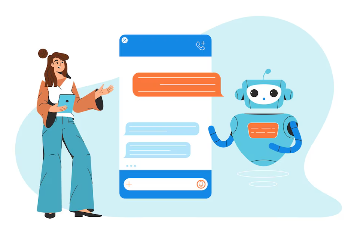 Smiling woman interacts with blue chatbot through mobile chat interface.