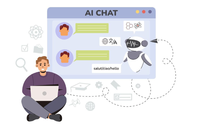 Man with laptop chats with AI robot on multilingual chat screen.
