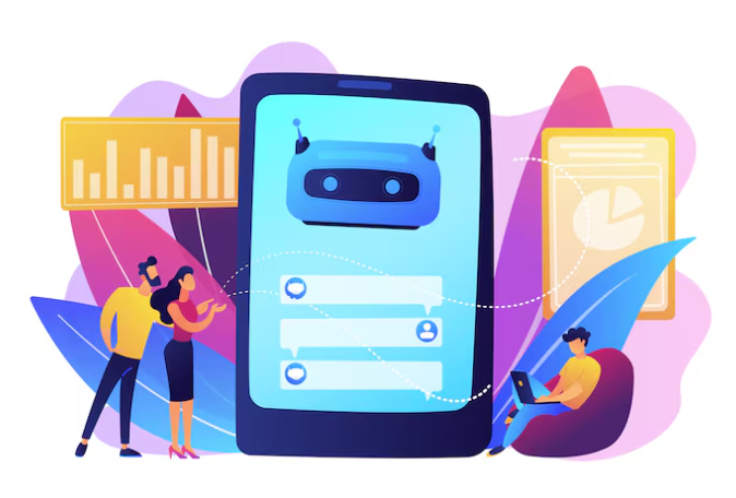 People communicate with chatbot displayed on large smartphone with graphs.