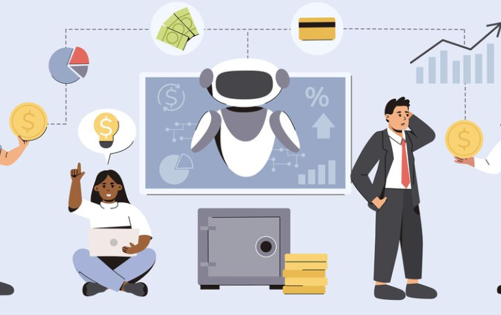 Illustration of AI robot managing finances with people, coins, and charts.