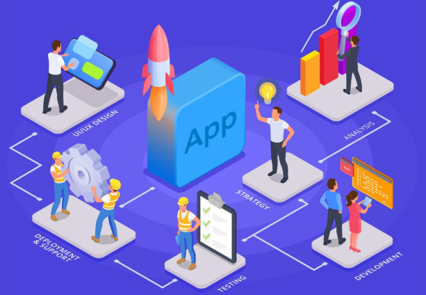 Isometric illustration showing app development strategy, testing, and deployment process.