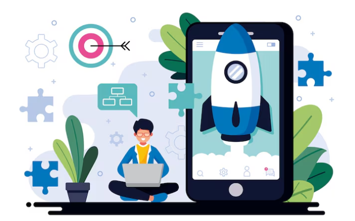 Developer sitting with laptop next to smartphone launching rocket illustration.