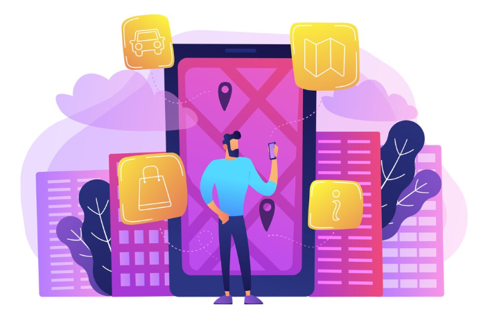 Man using mobile navigation app with icons for car and shopping.