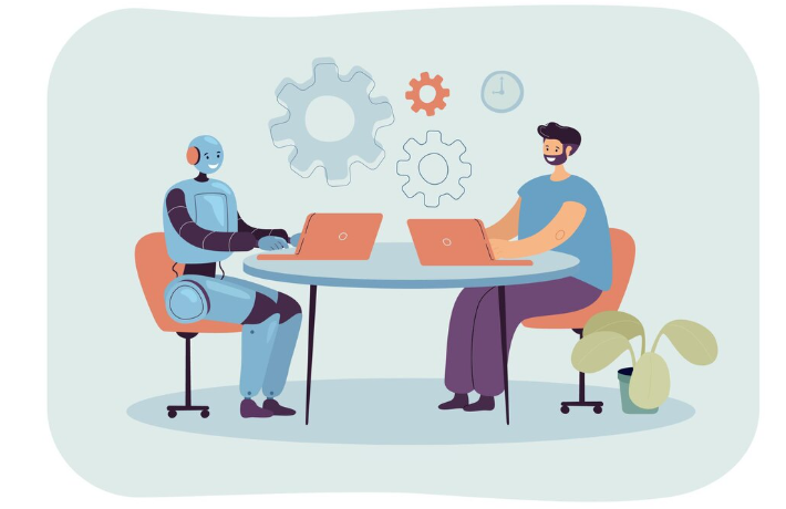 Human and robot collaborating at table with prompt enginnering