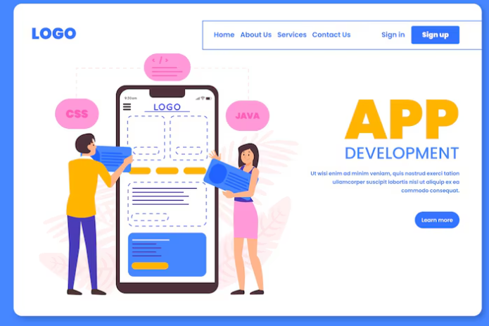 Two people designing app interface with CSS and Java elements.