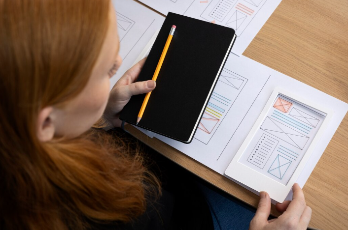 Woman reviewing mobile wireframe sketches with notebook and pencil.