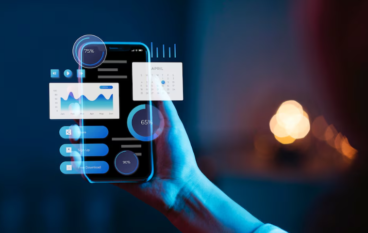 Hand holding smartphone displaying futuristic data and analytics graphics.