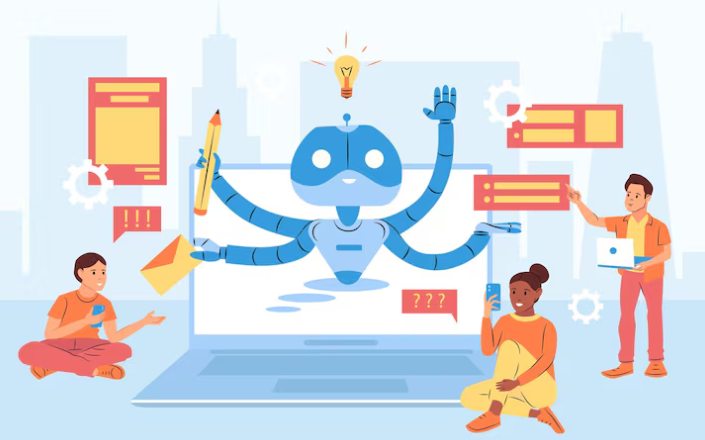 Illustration of multitasking robot assisting people with various digital tasks.