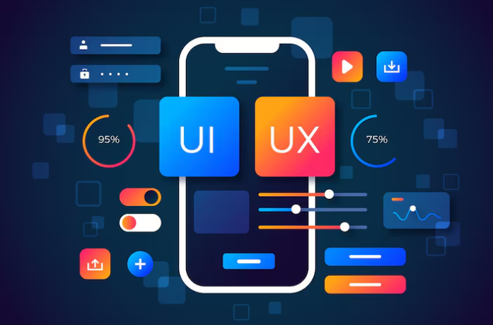Mobile interface concept with colorful UI and UX design elements.