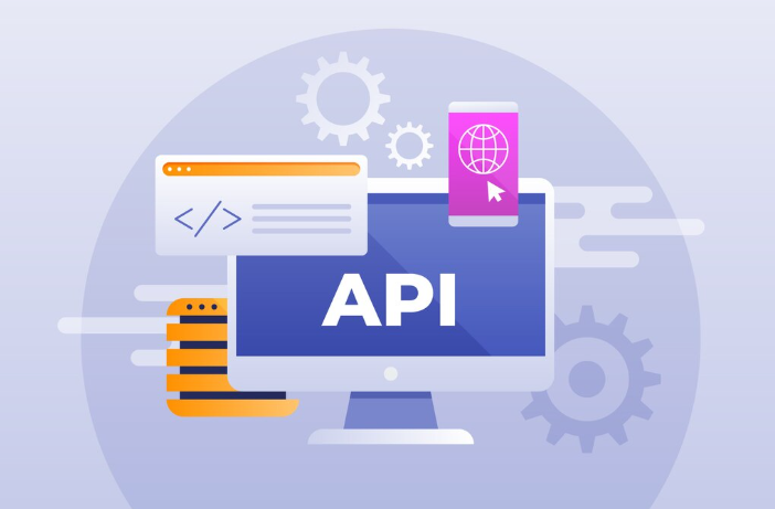 Computer monitor displaying API concept with coding and global network icons.