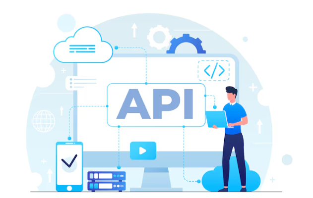 Illustration of API integration with cloud, coding, and technology symbols.