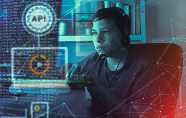 Programmer using computer with API hologram and digital coding graphics.