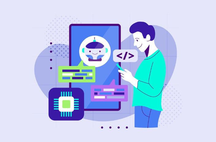 Man interacting with chatbot interface showing coding and AI integration.