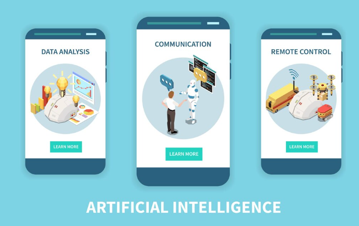 Three smartphones display AI uses like data analysis, communication, remote control.