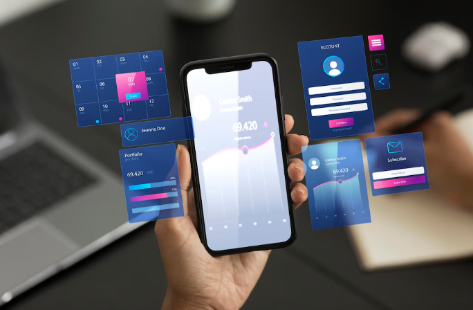 Hand holding smartphone with floating digital dashboard and account interface icons.