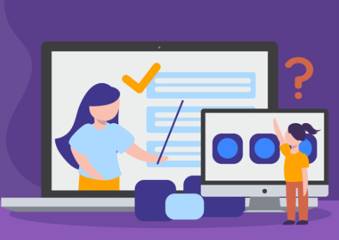Illustration of online learning showing teacher and student on computer screens.