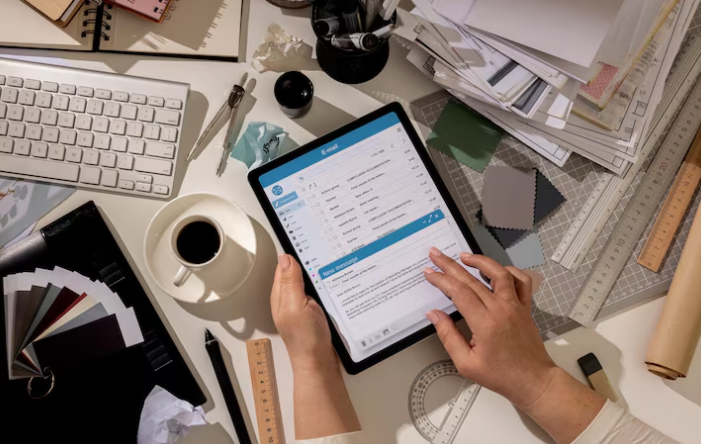 Person checking emails on tablet while working at cluttered office desk.